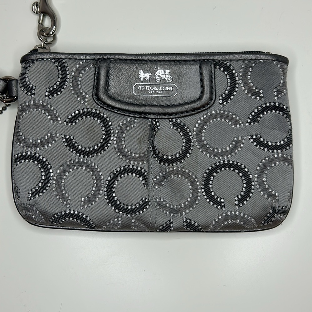 Coach Signature C Logo Corner Zip Wristlet Gray Silver Metallic Canvas Leather